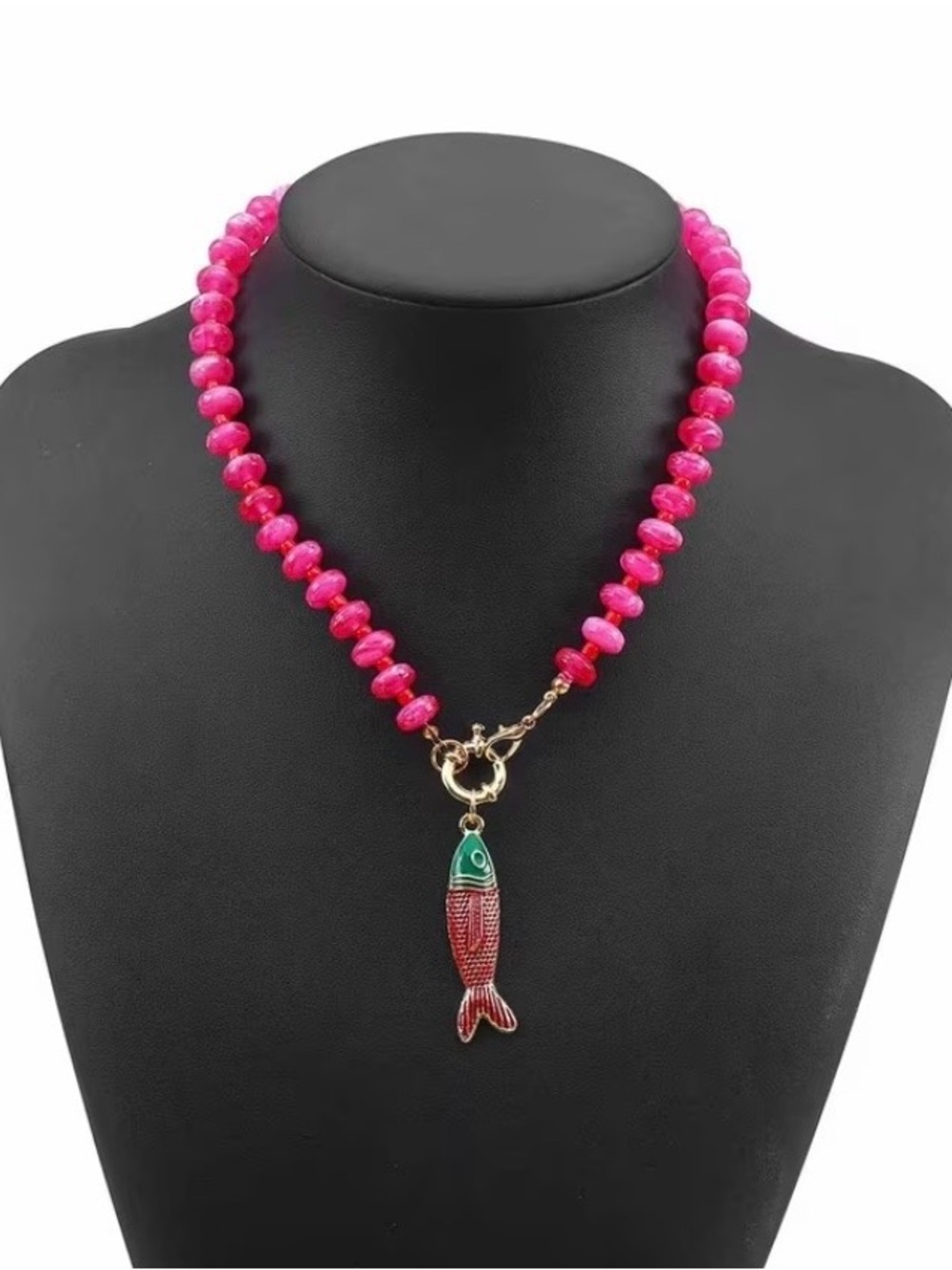 New! Pink Beaded Necklace with Colorful Fish Pendant. Fish Necklace - Picture 4 of 4